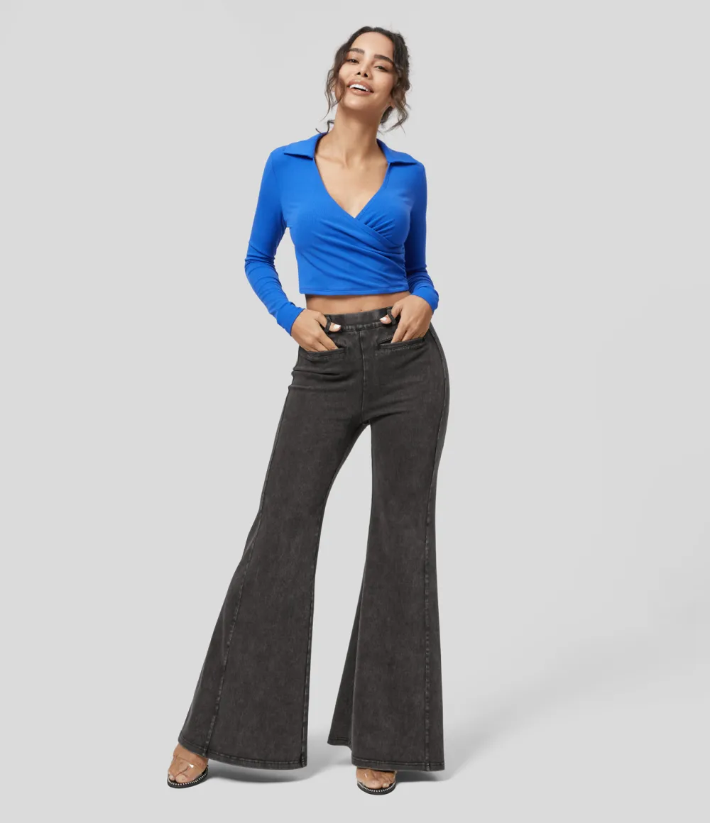 Magic High Waisted Multiple Pockets Washed Stretchy Knit Casual Super Flare Jeans