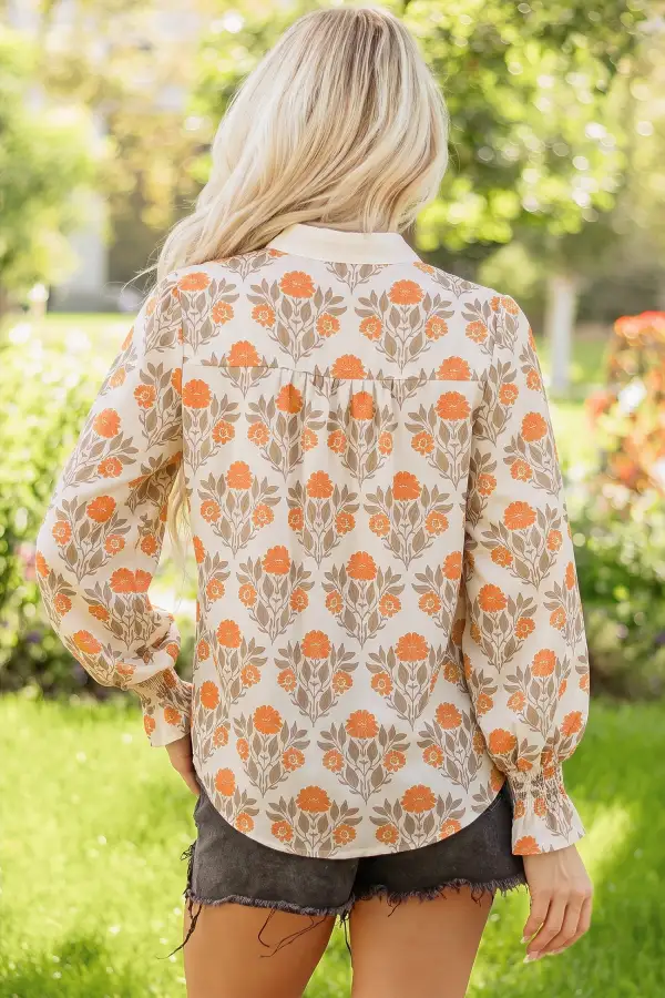 Women's Floral Print V Neck Contrast Detail Blouse