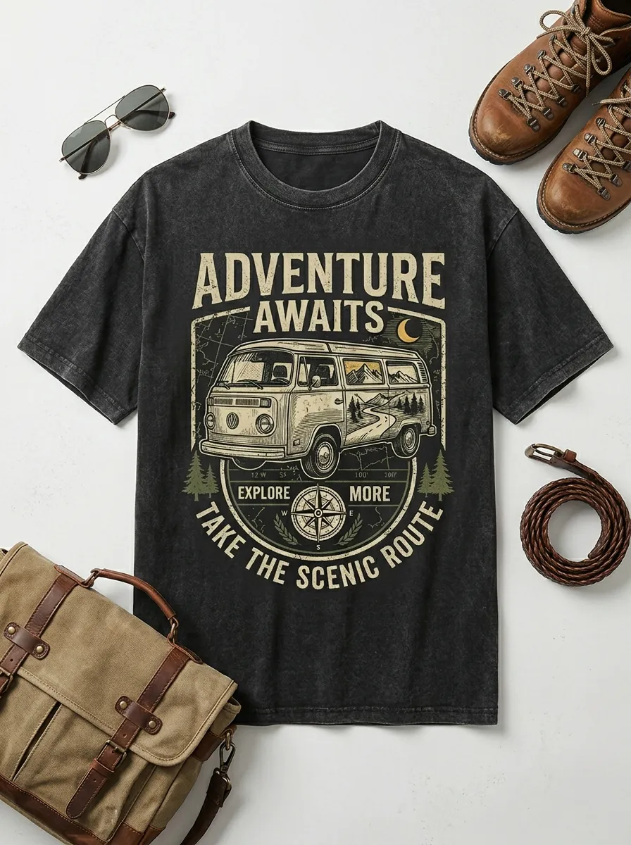 Unisex Adventure Lover Camper Van Compass Printed T-shirt