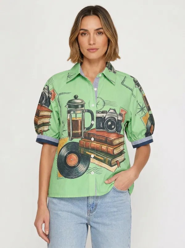 Women's Vintage Hobby Lover Camera Books Vinyl Printed Shirt