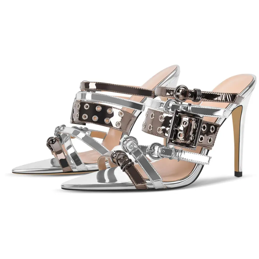 Denim Pointed Toe Buckle Strap Mule Sandals