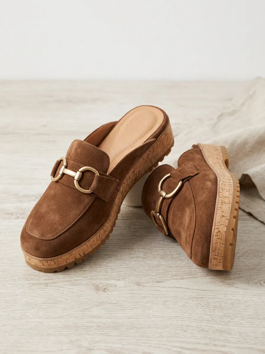 Women's Classic Buckle Detail Platform Suede Wood Sole Loafers