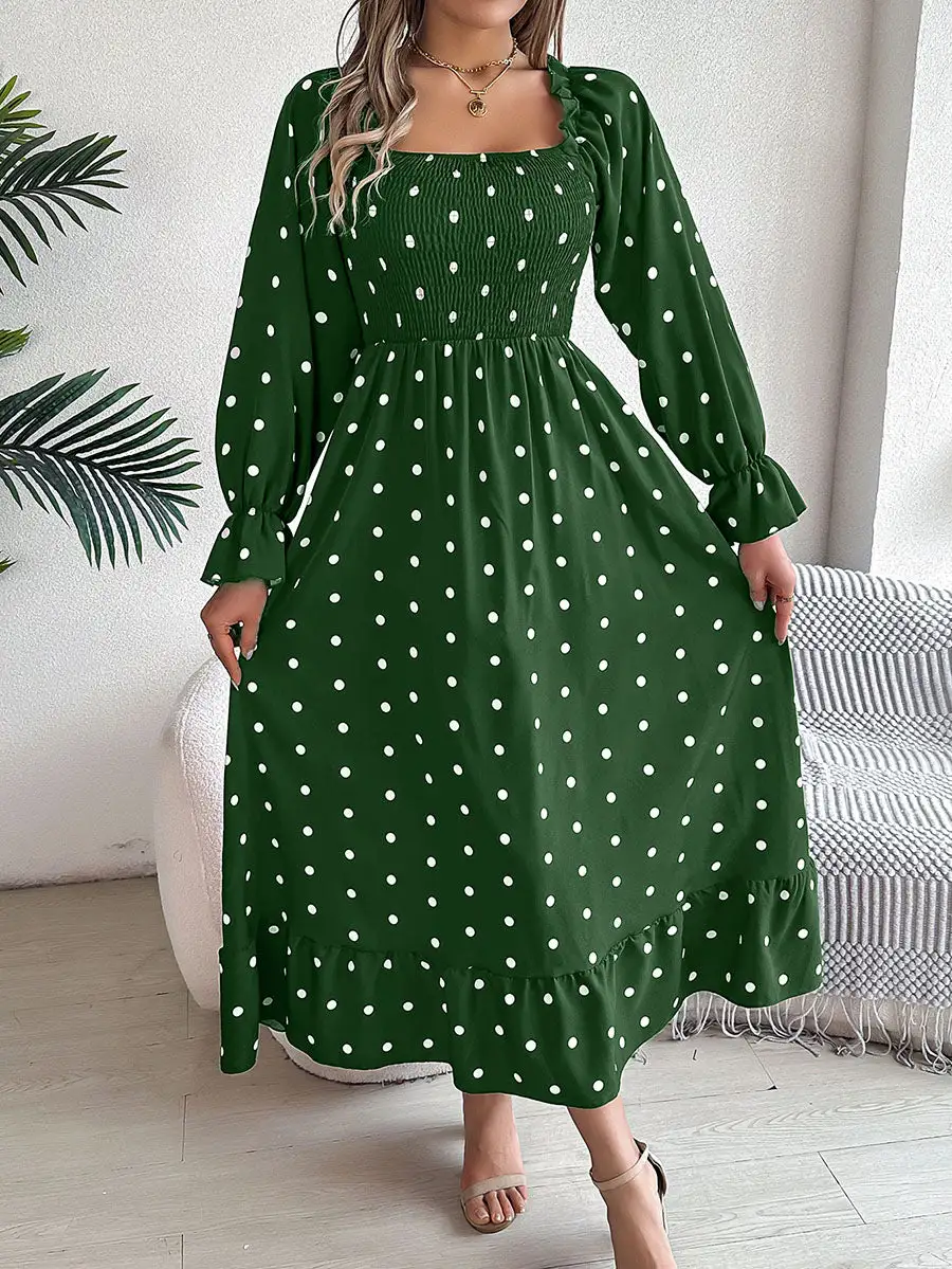 Pleated Ruffled Polka Dot Long Neck Shirt