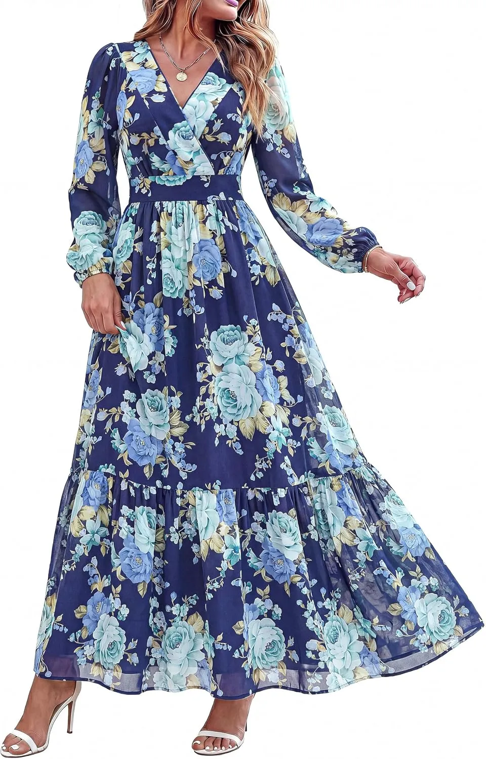 dowerme Women Fall Long Sleeve Wrap V Neck Floral Belted Boho Maxi Dress