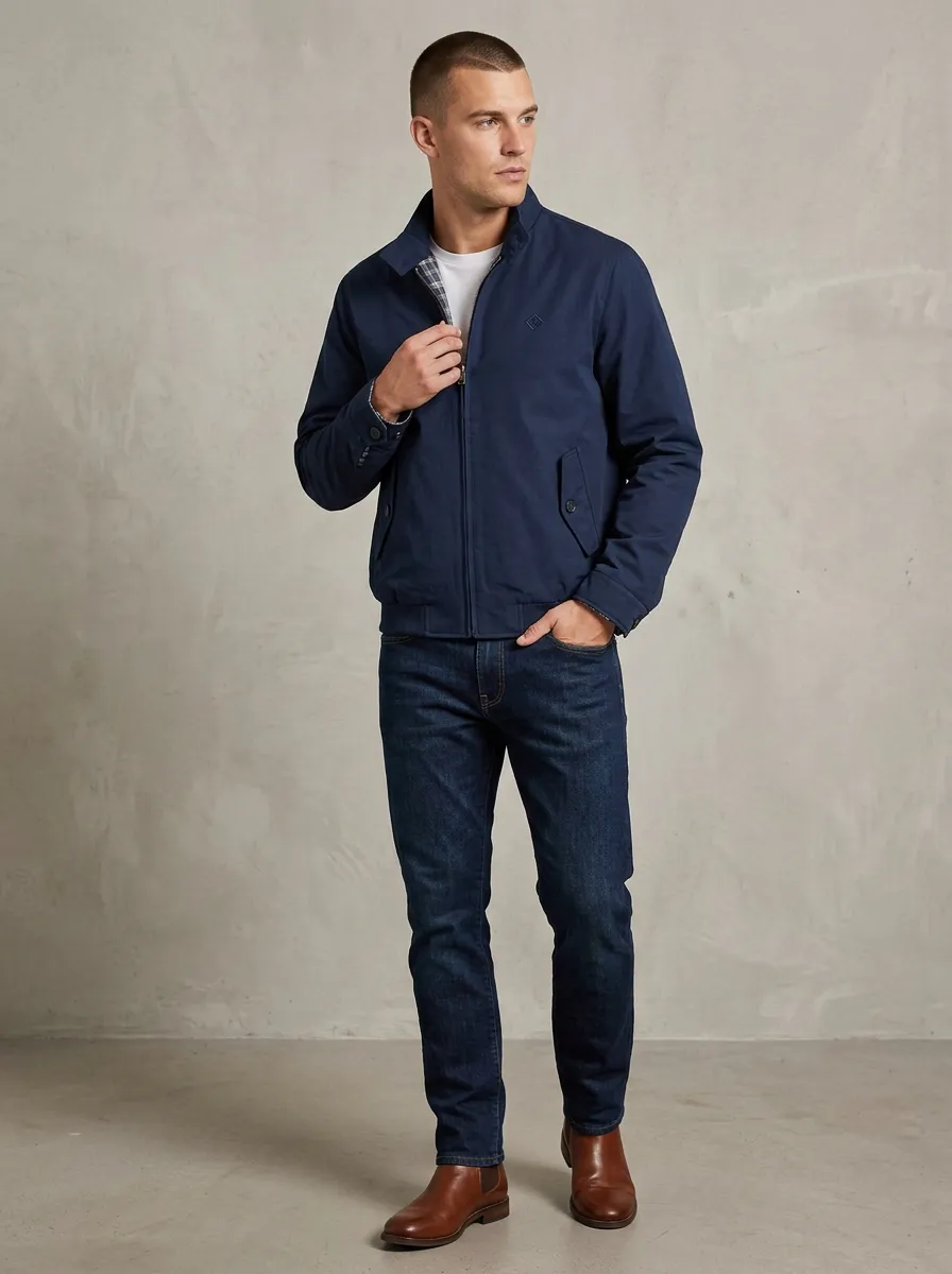 Men's Casual Classic Navy Plaid Lined Harrington Jacket