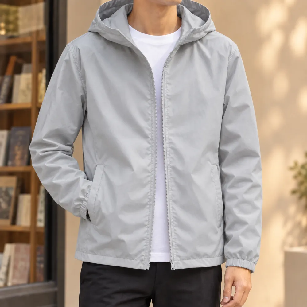 Hooded Woven Zip-Front Jacket