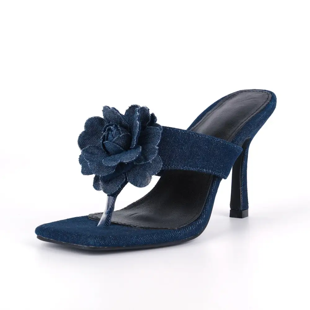 Square Toe Flower Denim Flip Flop Sandals