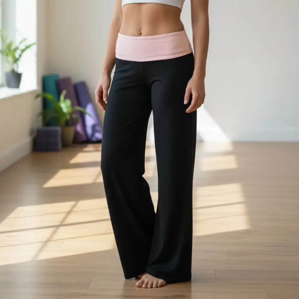 Wide Leg Fold-over Contrast Color Pants