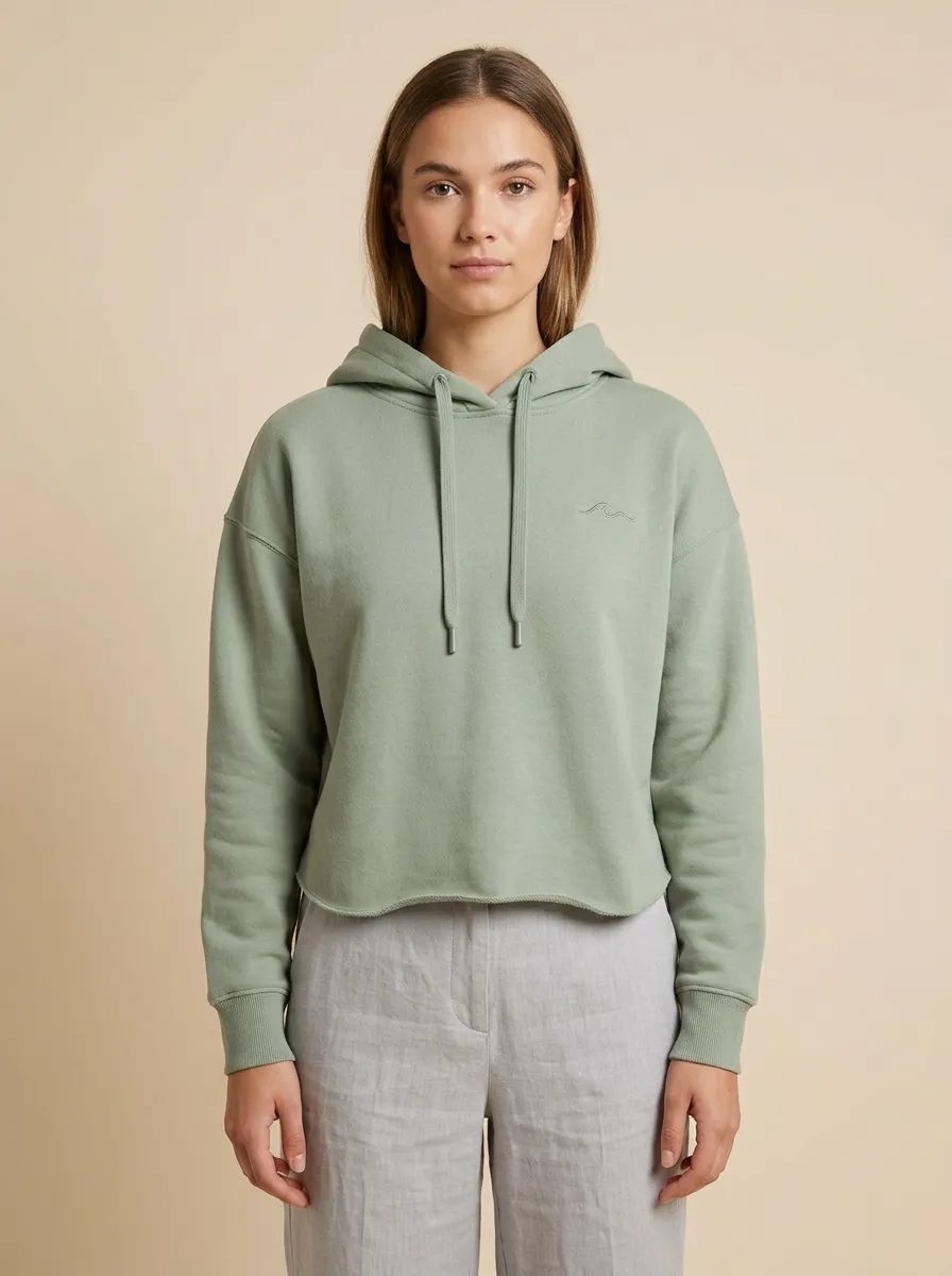 Women's Minimalist Ocean Wave Embroidered Sage Green Cropped Hoodie