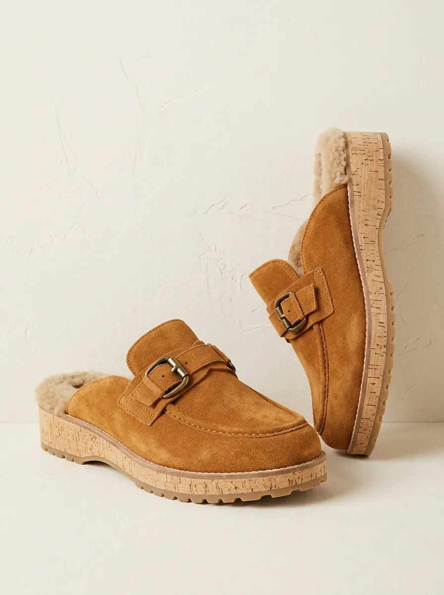 Women's Faux Fur Lined Buckle Detail Casual Suede Wood Sole Loafers