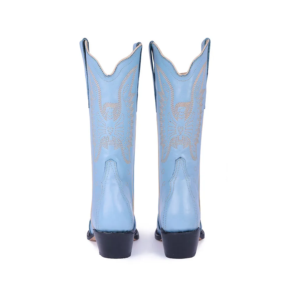 Modern Faux-Leather Embroidered Snip-Toe Block-Heel Mid-Calf Boots