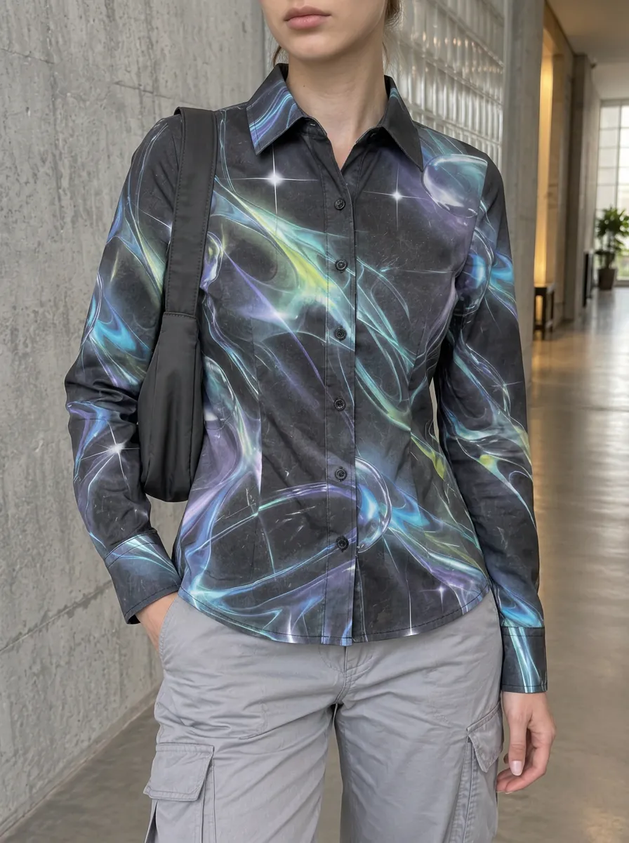 Women's Dynamic Y2K Aesthetic Abstract Nebula Shirt