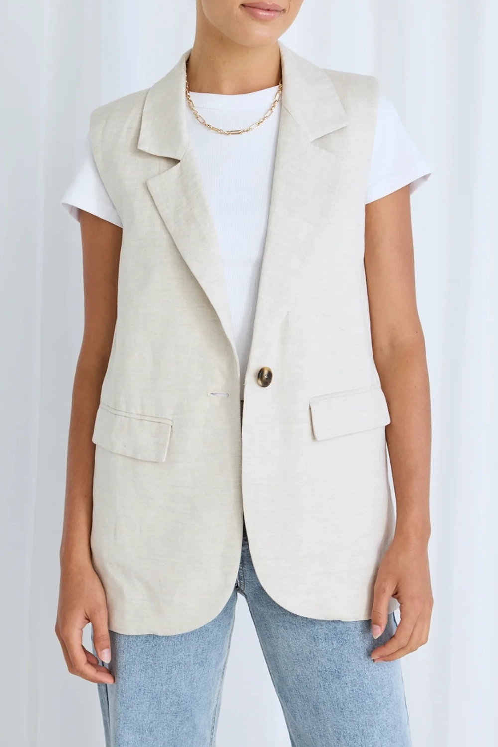Beige Linen Sleeveless Vest