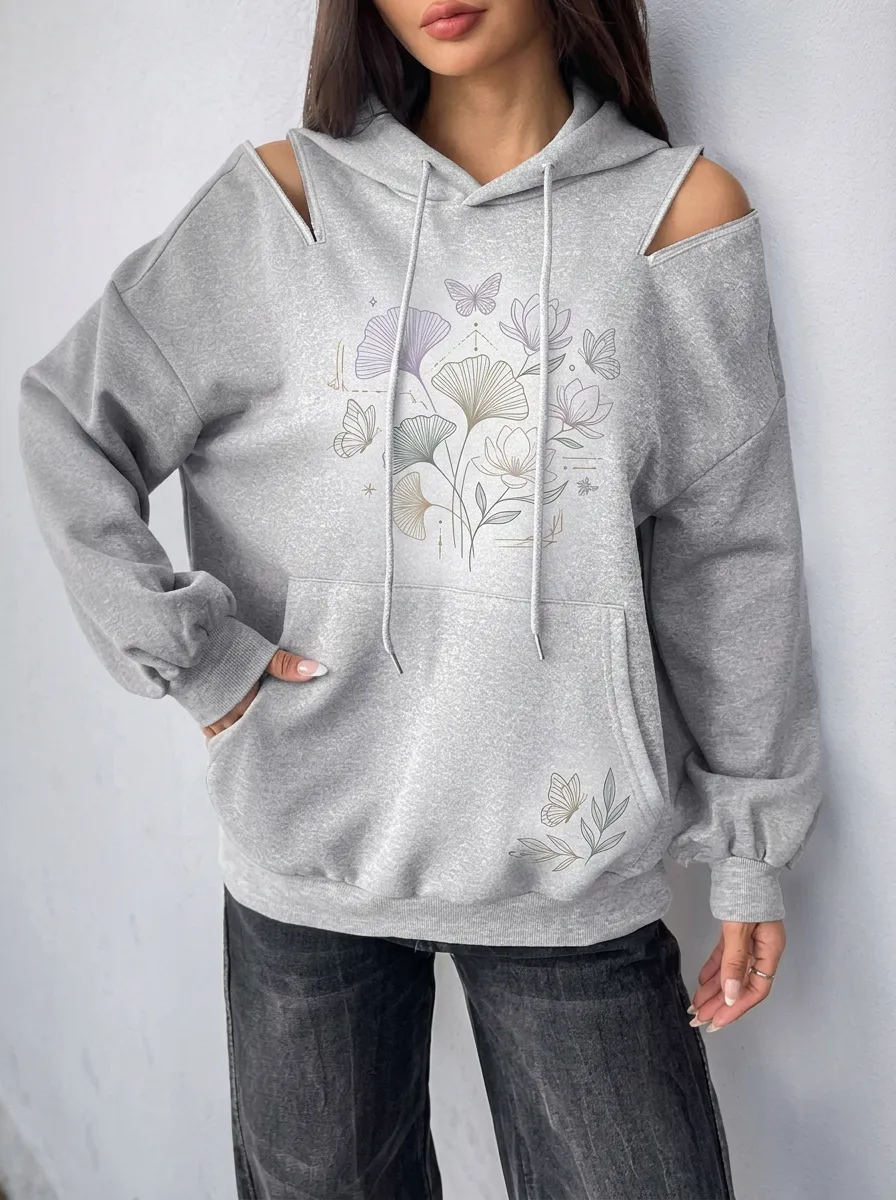 Women's Floral Butterfly Ginkgo Leaf Printed Cold Shoulder Hoodie