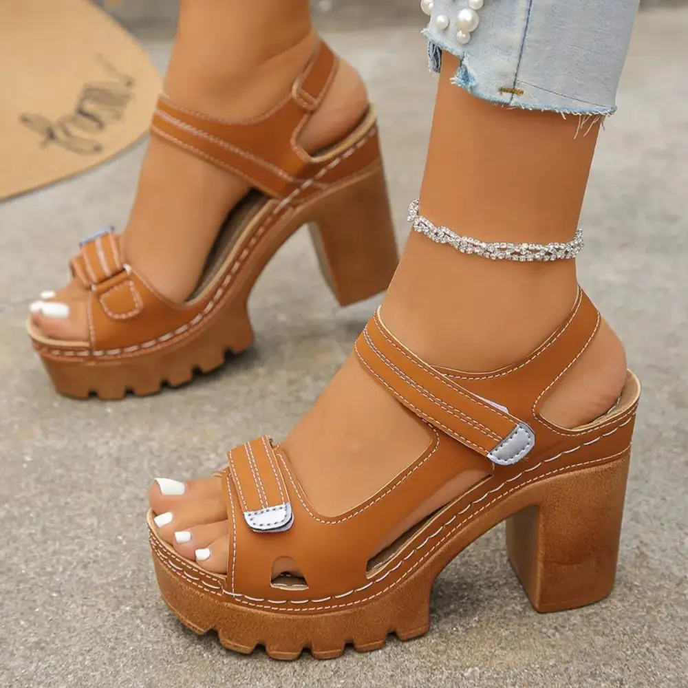 Ruffled Open Toe Block Heels Sandals