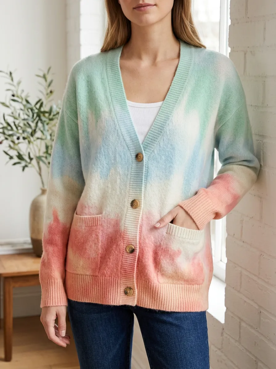 Women's Pastel Tie-Dye Printed Button Front Casual Layering Cardigan