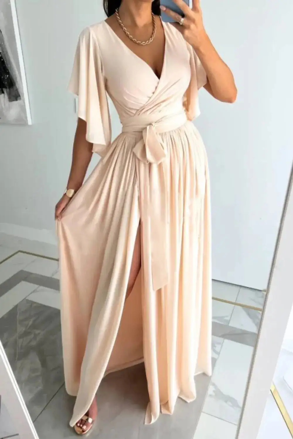 Relaxed Surplice Neck Flutter Sleeve Dress