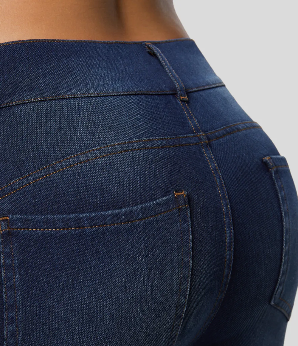 Magic High Waisted Multiple Pockets Stretchy Knit Denim Work Full Length Flare Leggings
