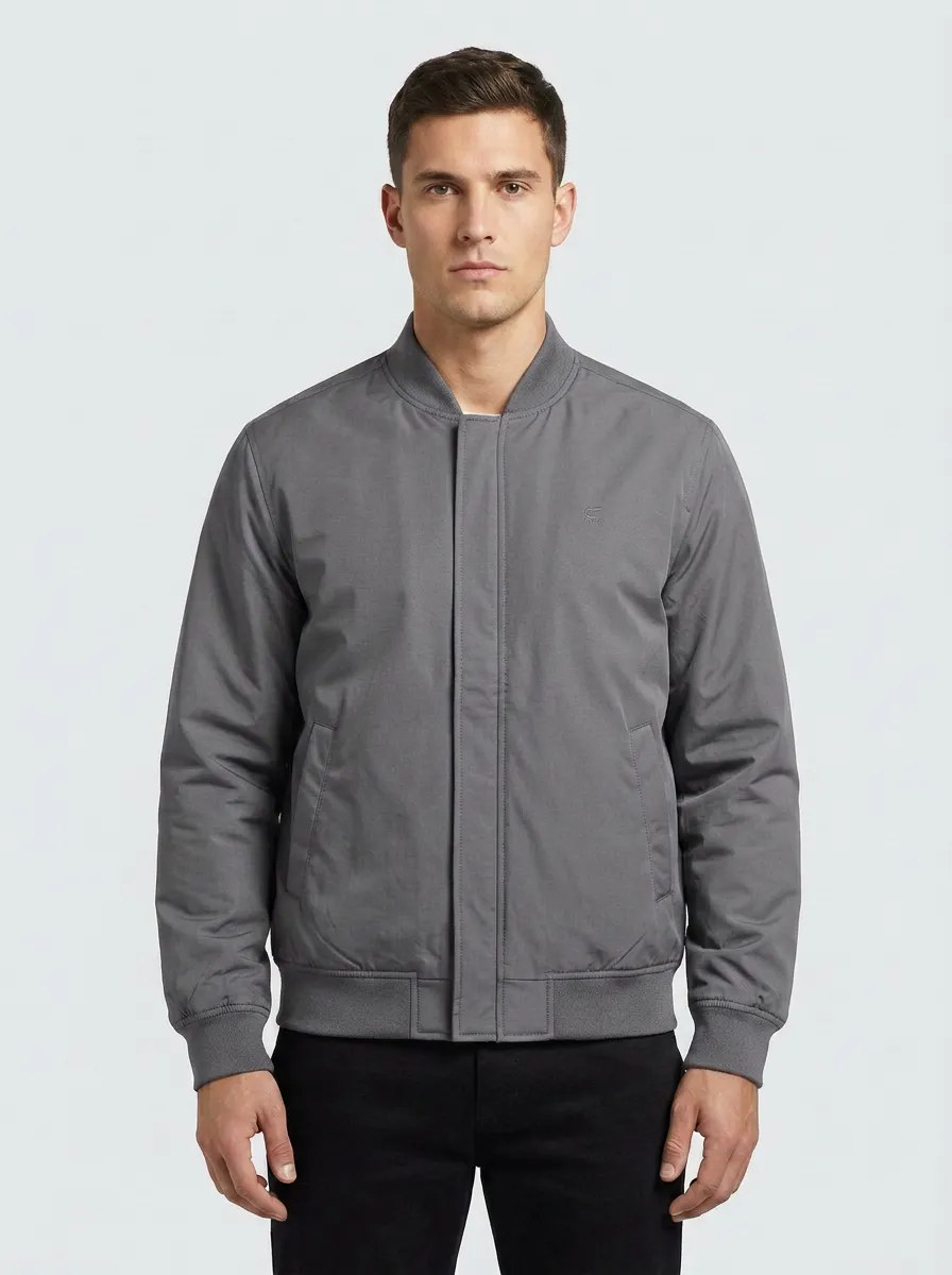 Men's Casual Minimalist Navy Blue Solid Bomber Jacket