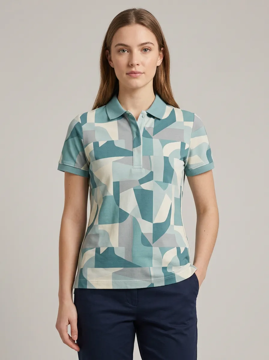 Women's Geometric Pattern Blue Teal Printed Polo Shirt