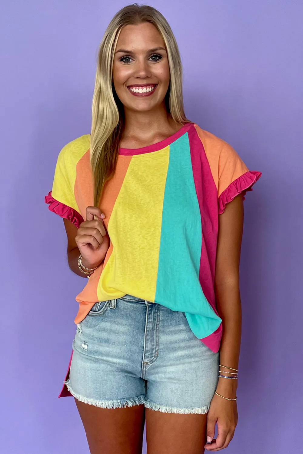 Rose Red Block Ruffled Crew Tee