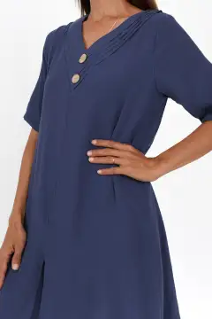 Cotton Pleated V-Neck Half-Sleeve A-Line Asymmetric-Hem Below-Knee Dress