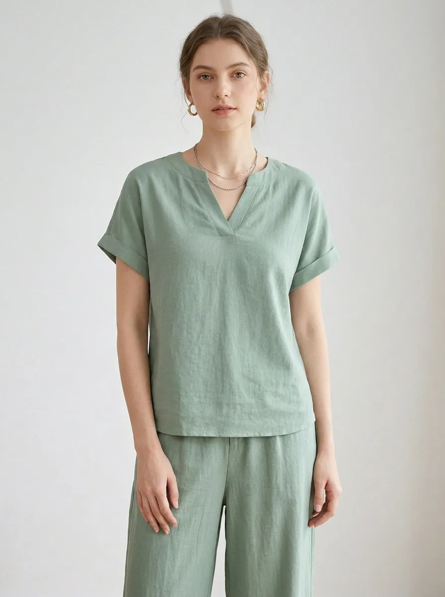 Short-Sleeve Cuffed-Sleeve Women's V-Neck Shirt