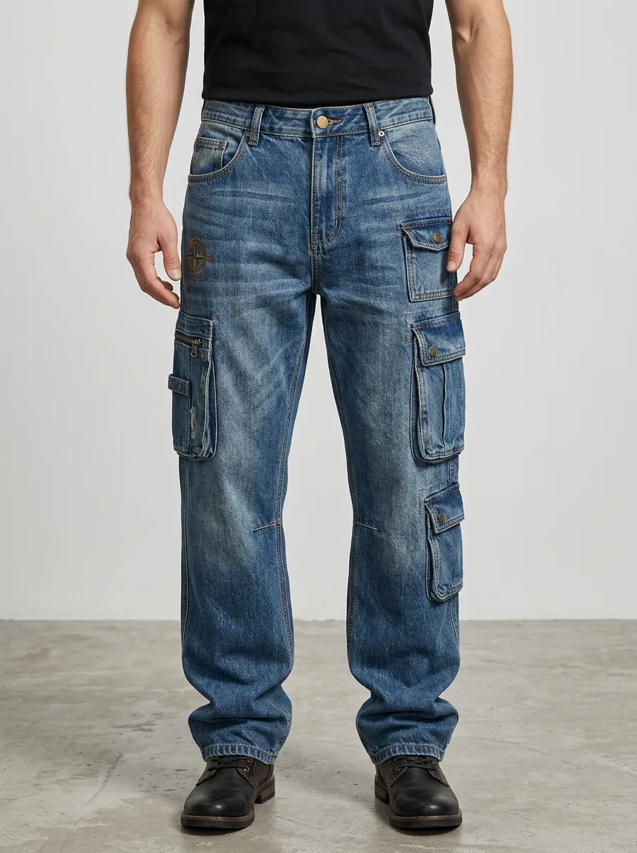 Men's Compass Graphic Multi-Pocket Printed Cargo Jeans