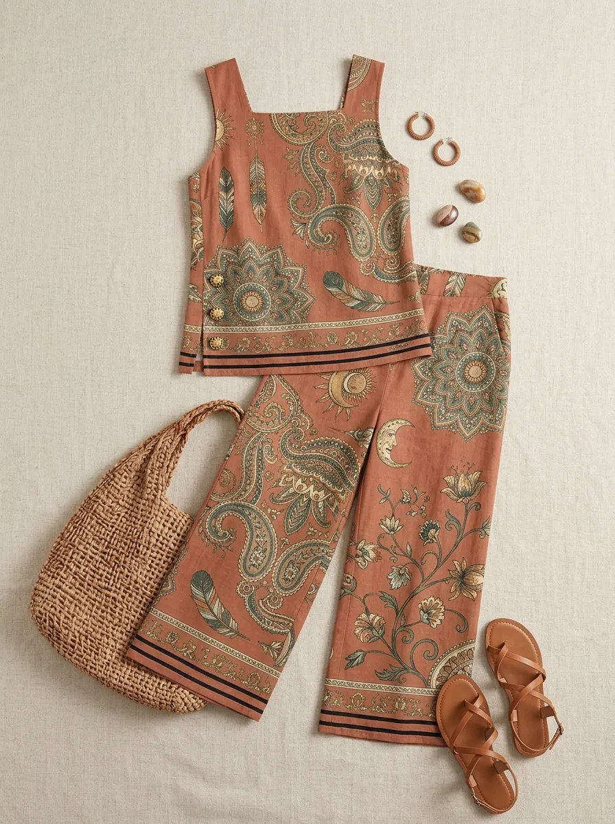 Women's Boho Paisley Floral Moon Printed Sleeveless Set