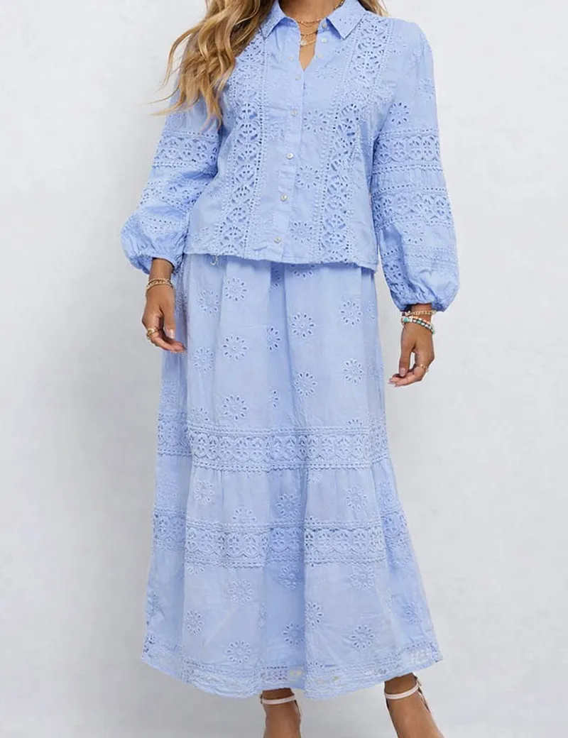 Boho Eyelet Button Down Blouse and Tiered Maxi Skirt Set