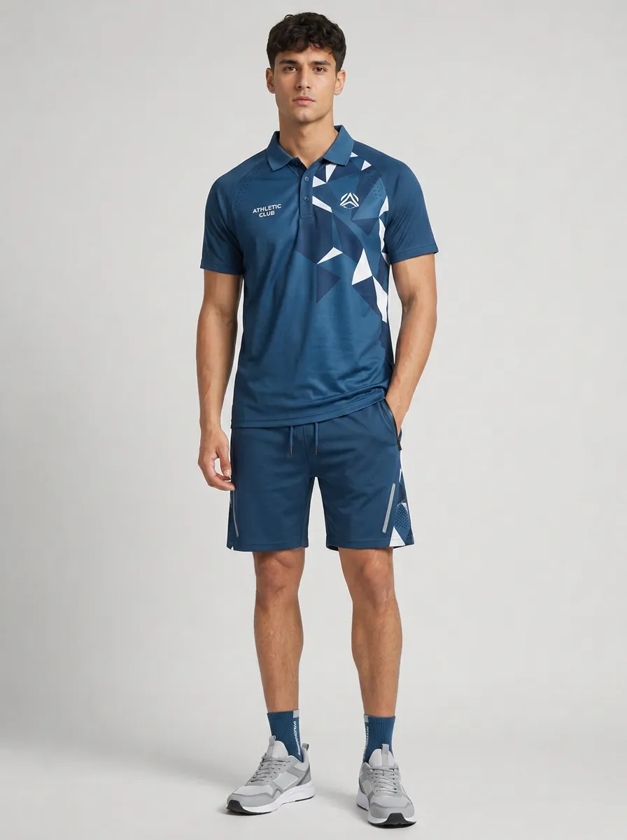 Men's Athletic Club Geometric Pattern Printed Polo Shirt Shorts Set