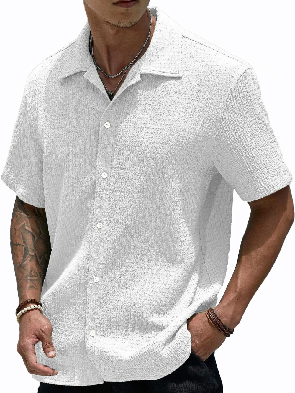 Short Sleeve Open Collar Pleated Front Shirt