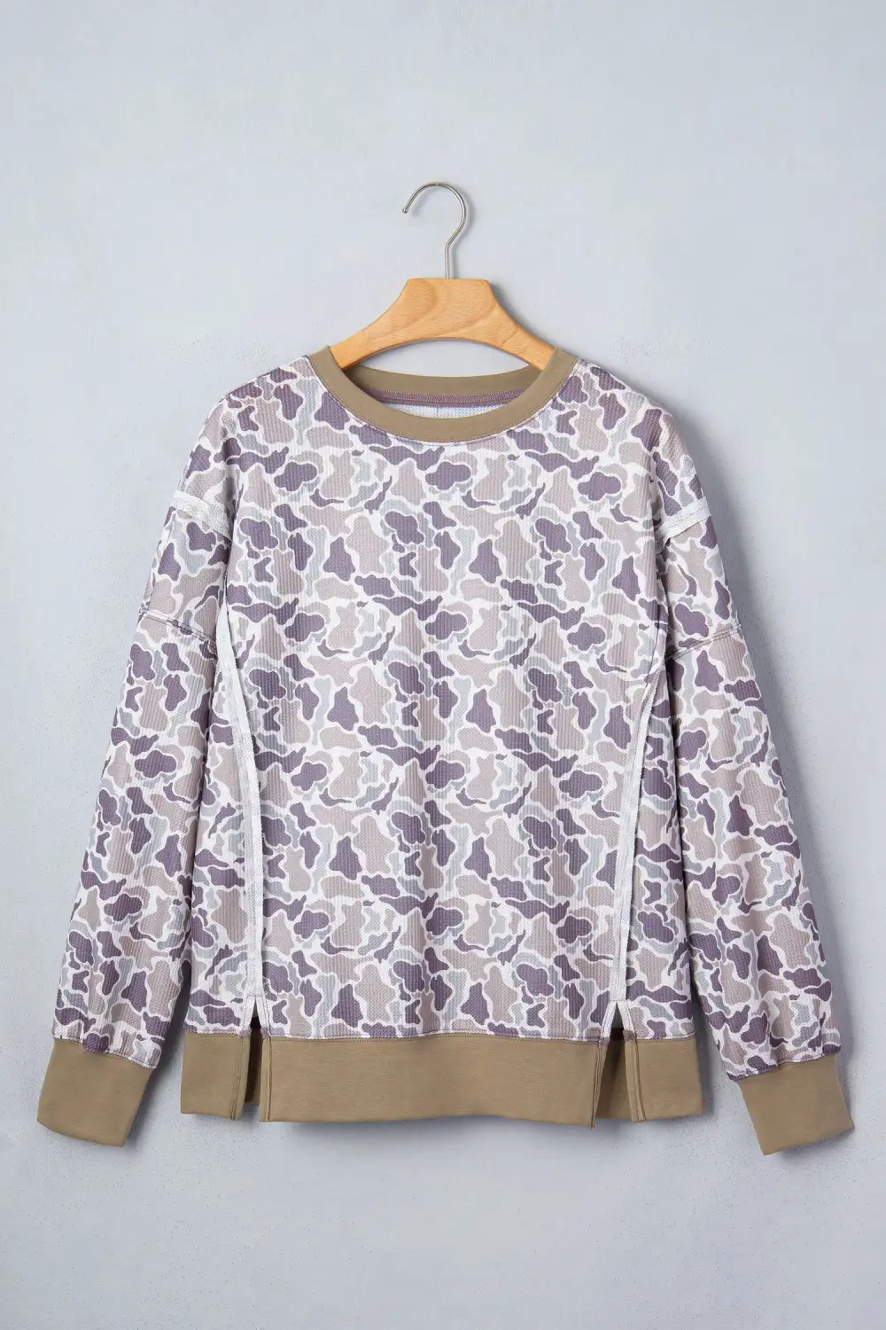 Camouflage Print Waffle Knit Relaxed Stretch Fabric Long Sleeve Top