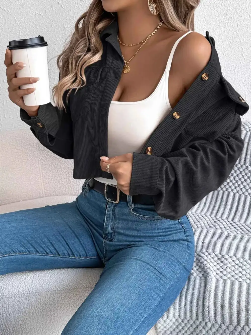 Corduroy Button-Up Dropped Shoulder Jacket