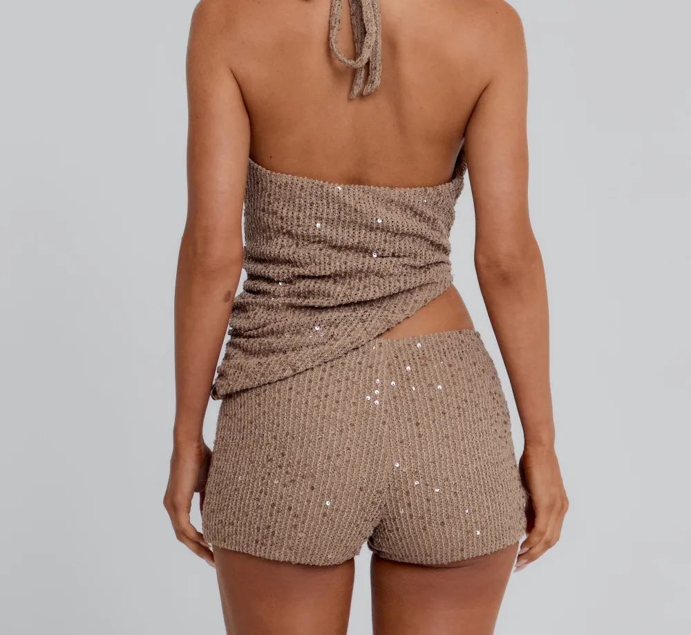 Tan Sequin Halter Playsuit