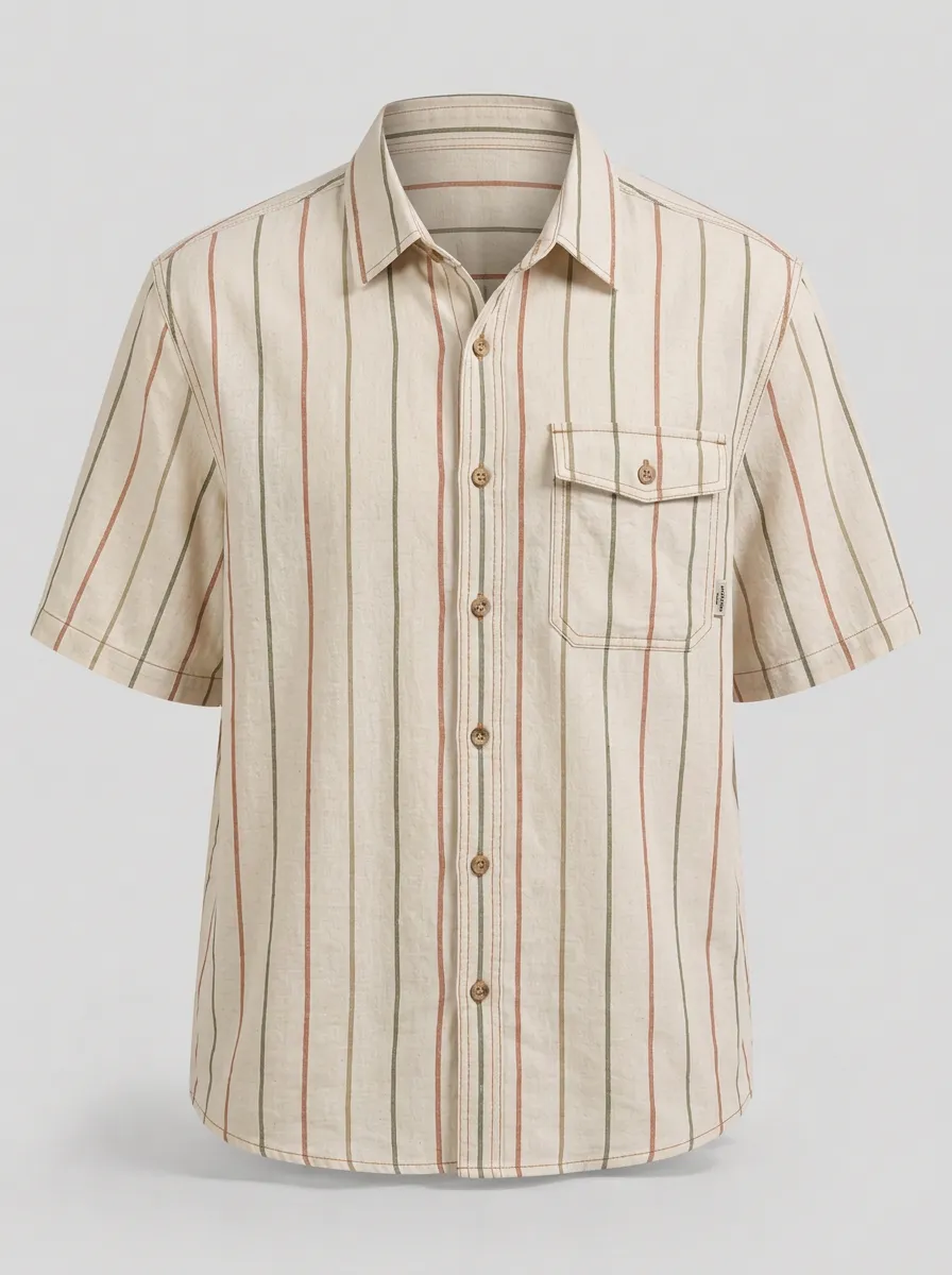 Men's Casual Summer Breathable Striped Printed Short Sleeve Shirt
