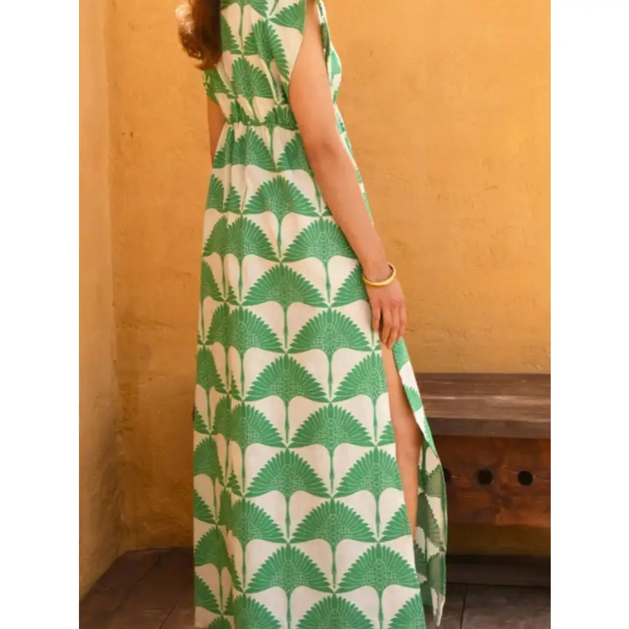 Slit Printed V Neck Cap Sleeve Maxi Dress