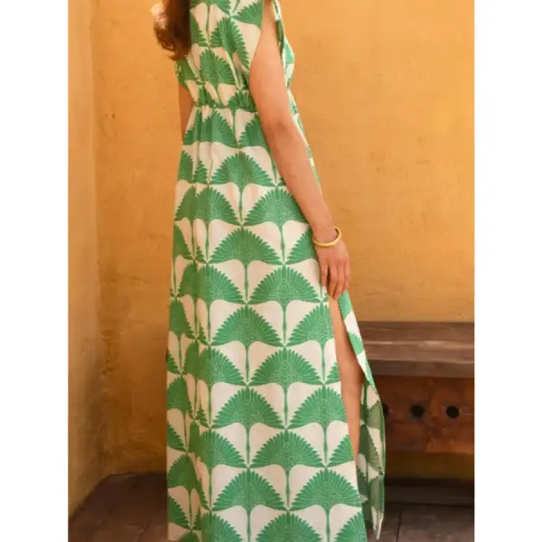 Slit Printed V Neck Cap Sleeve Maxi Dress