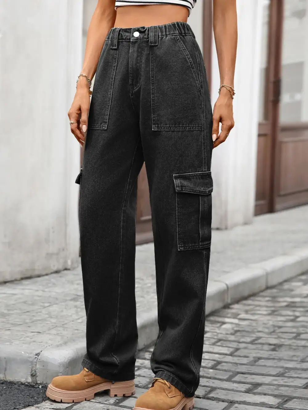 Versatile High Waist Cargo Denim Jeans