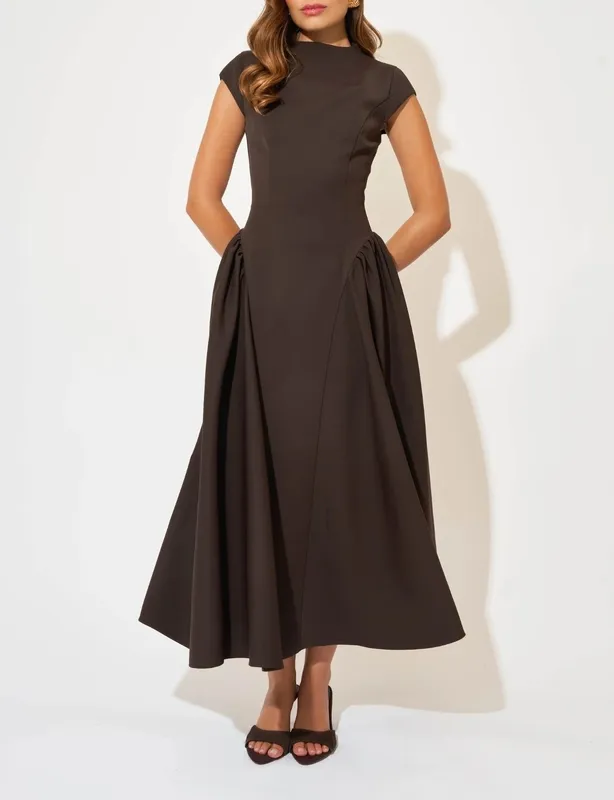 Dark Brown Cap-Sleeve Gathered Detail Midi Dress