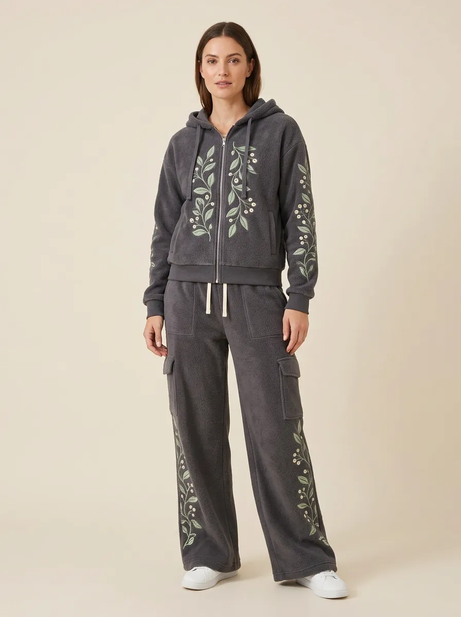 Women's Floral Embroidered Fleece Hoodie And Cargo Set