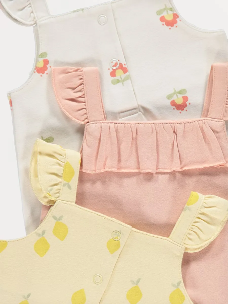 Lemon Frill Trim Sleeveless Rompers 3 Pack