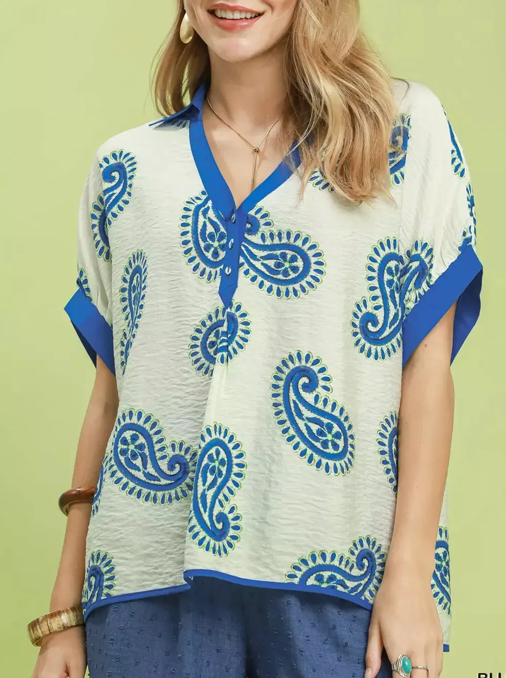 Boho Paisley Print Contrast Trim Blouse