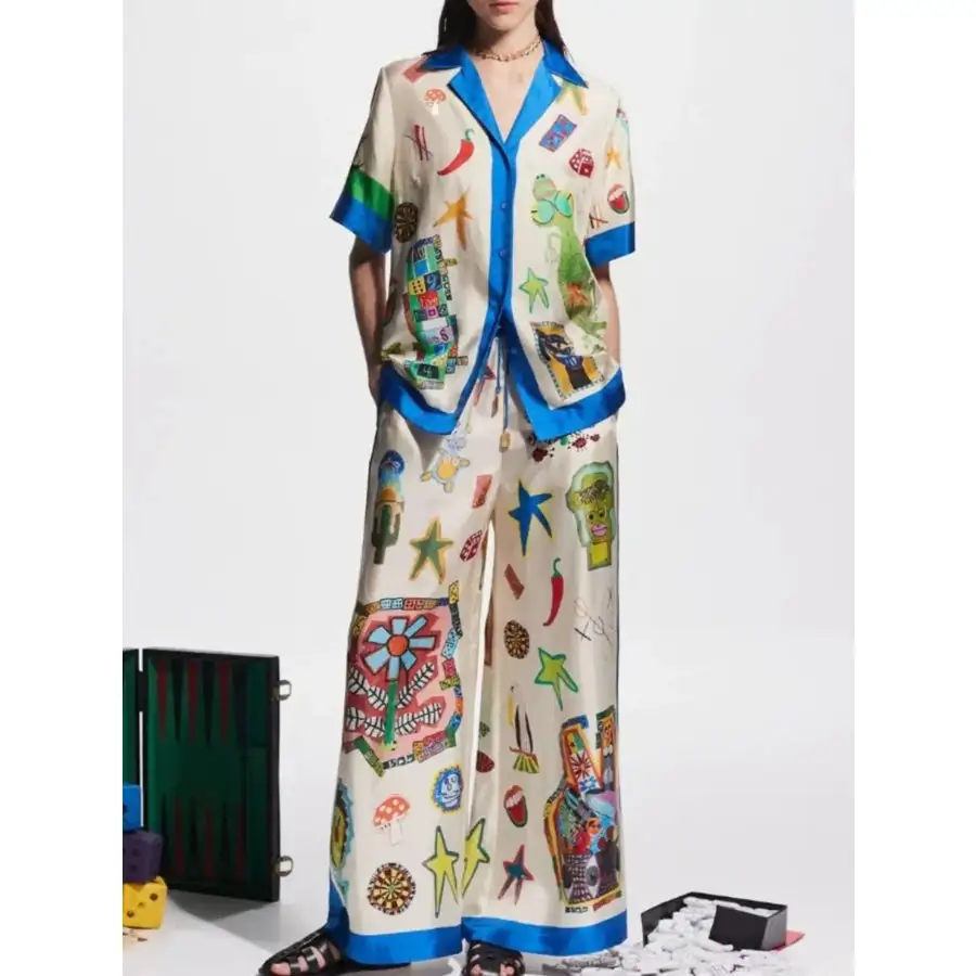 Vacation Printed Button Up Shirt and Pants Set