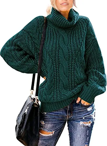 Womens Turtle Cowl Neck Solid Color Soft Comfy Cable Knit Pullover Sweaters S-2XL