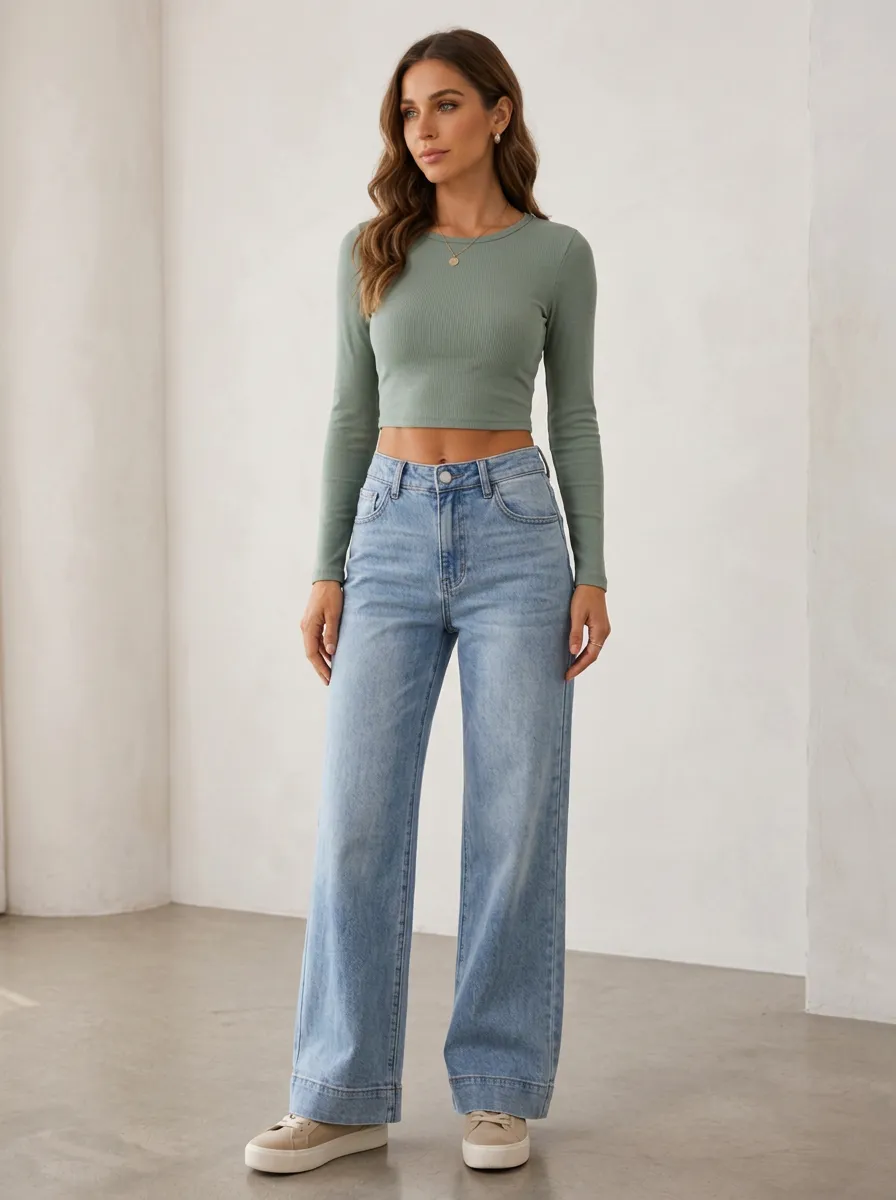 Women's Casual Fashion Light Wash Wide Leg Denim Jeans