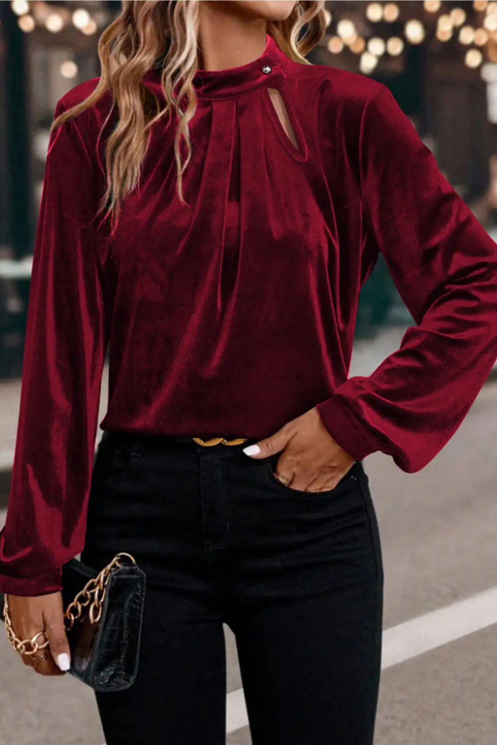 Women's Velvet Keyhole Long Sleeve Top