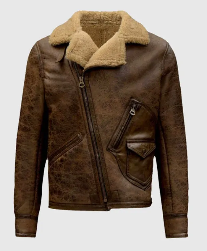 Aviator Shearling Fur Collar Distressed Jacket