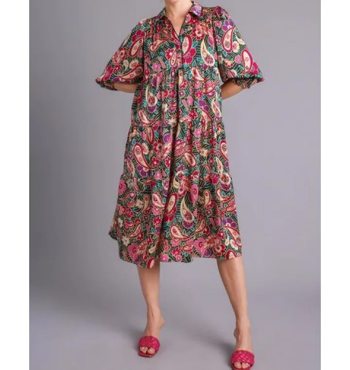 Full Size Paisley Satin Tiered Midi Dress Plus Size