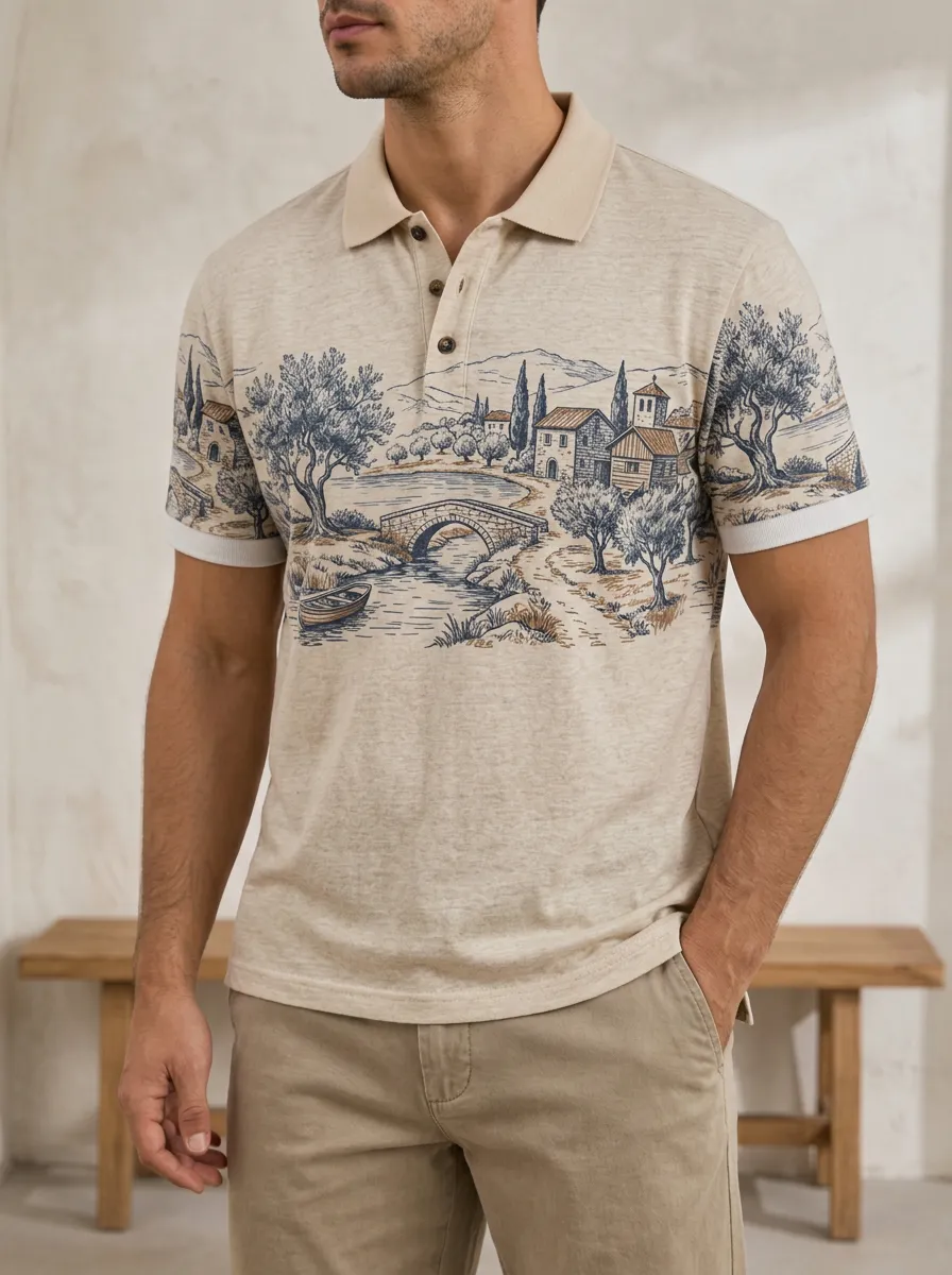 Men's Mediterranean Landscape Village Bridge Printed Polo Shirt